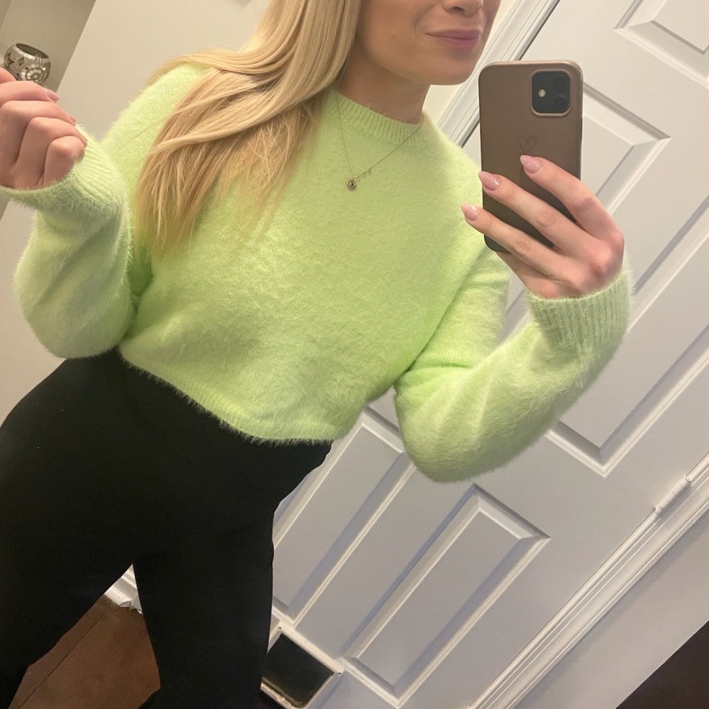 Bardot Lime Fuzzy Sweater - Cropped